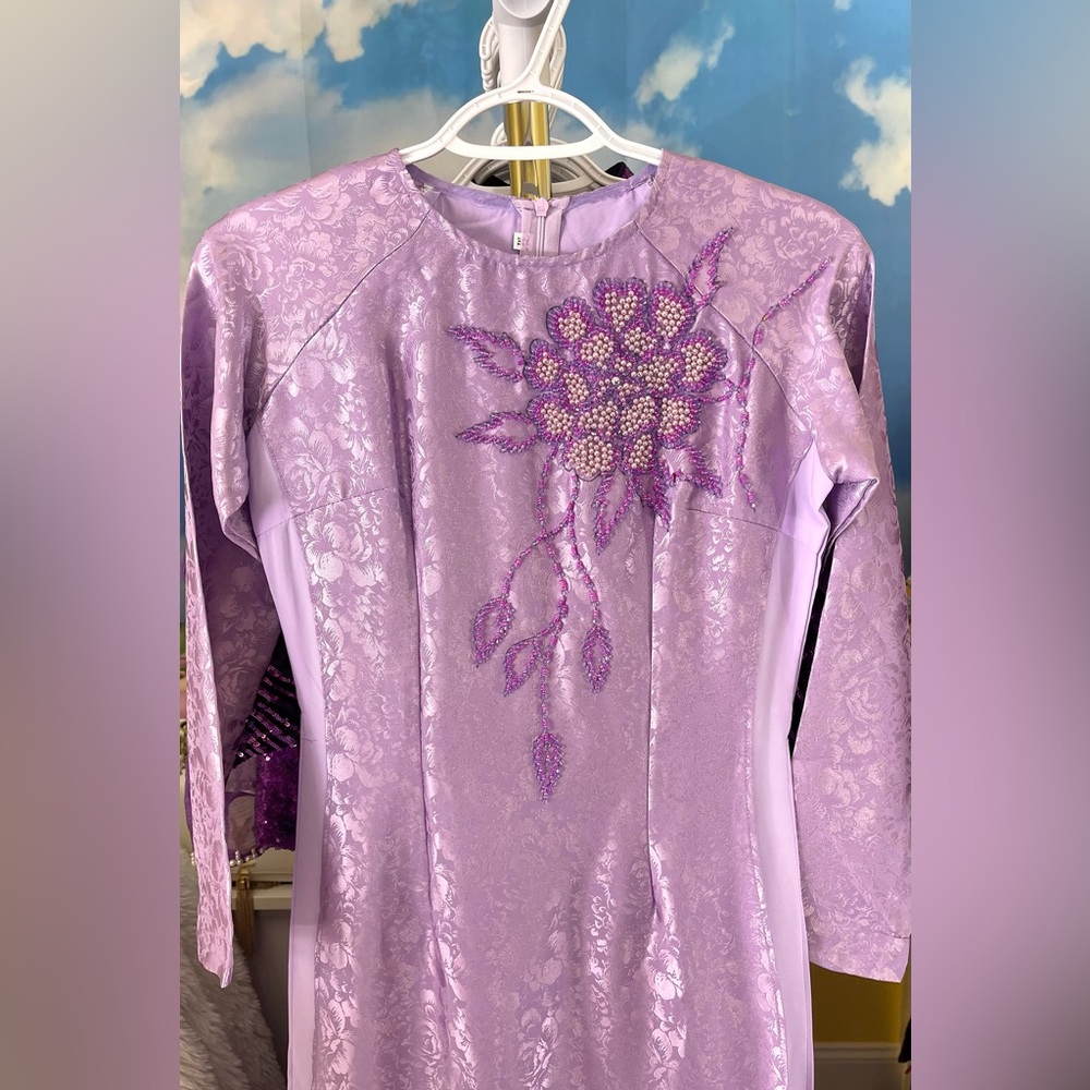 Ao dai to tam, Vietnamese traditional long dress set m medium 2 purple 🎁 4 ta